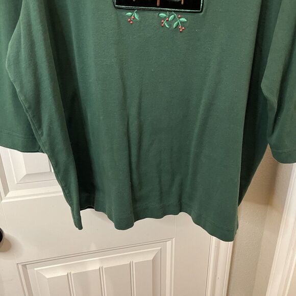 Vintage Sunburst Green Christmas Tree Embroidered Holiday Shirt Womens Size 2XL - Picture 3 of 8